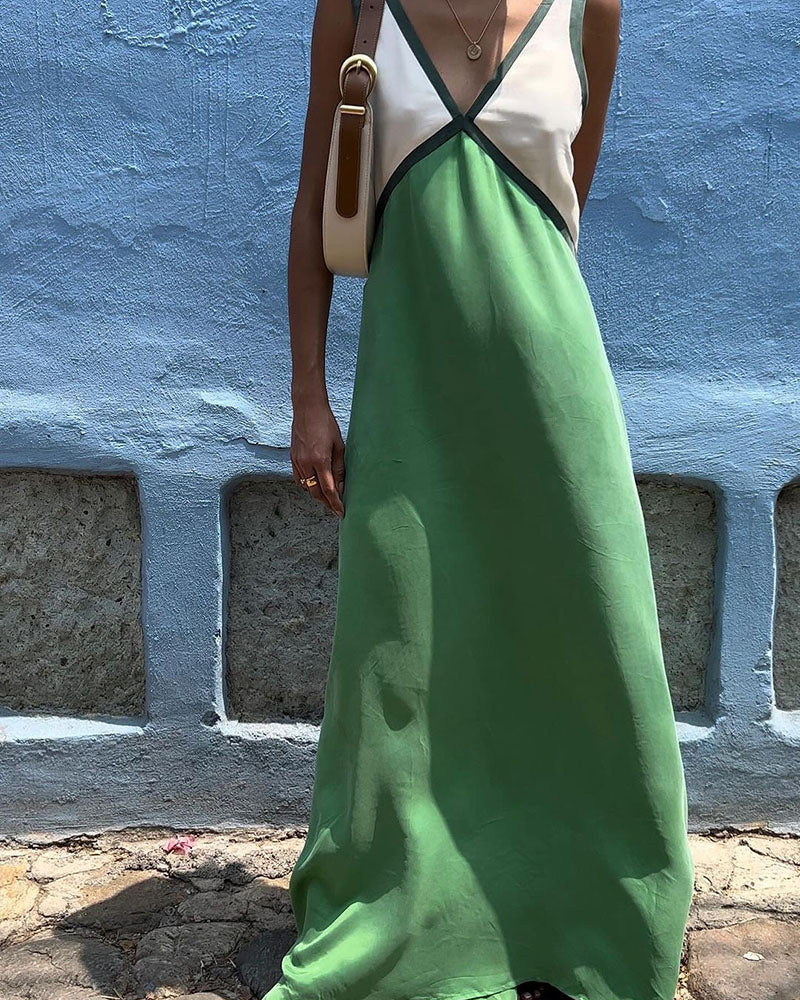 V-Neck Contrast Color Block Maxi Dress