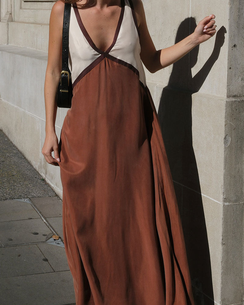 V-Neck Contrast Color Block Maxi Dress