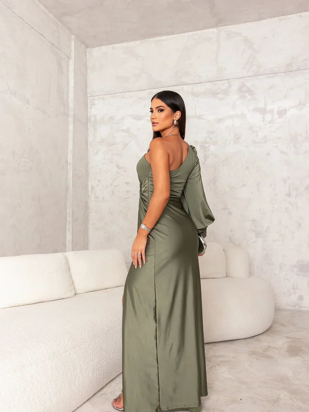 One-Shoulder Satin Maxi Dress With Thigh Slit
