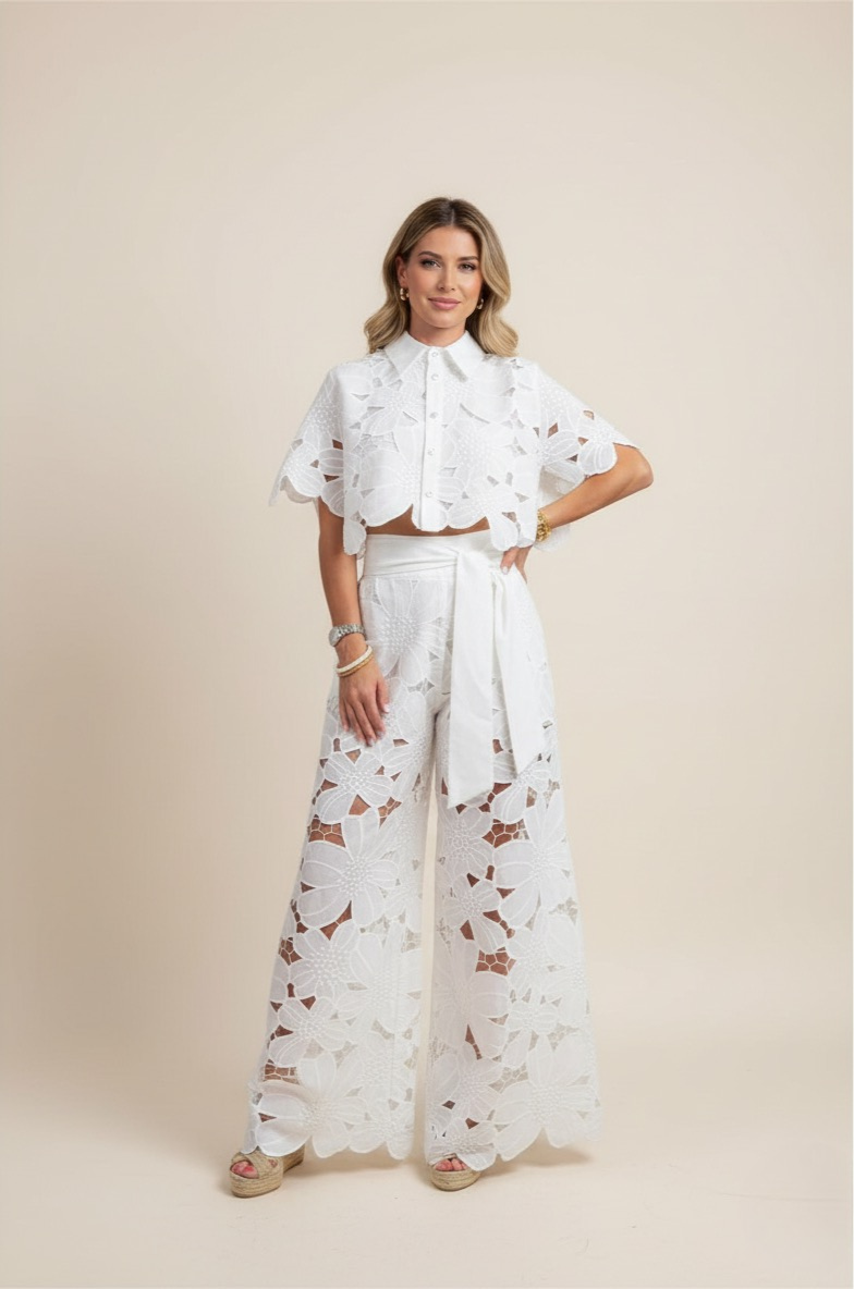 Floral Cutwork Two-Piece Set With Wide-Leg Pants