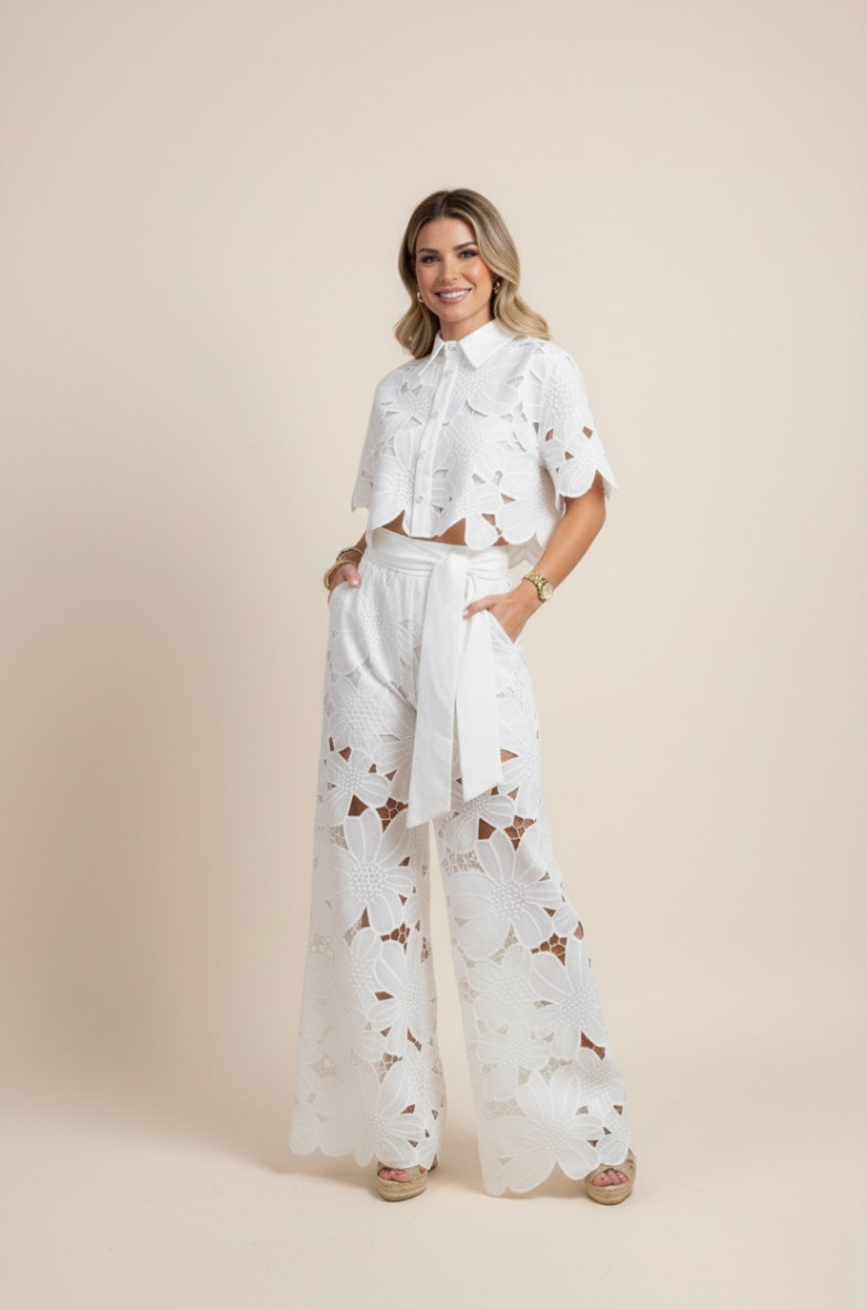Floral Cutwork Two-Piece Set With Wide-Leg Pants