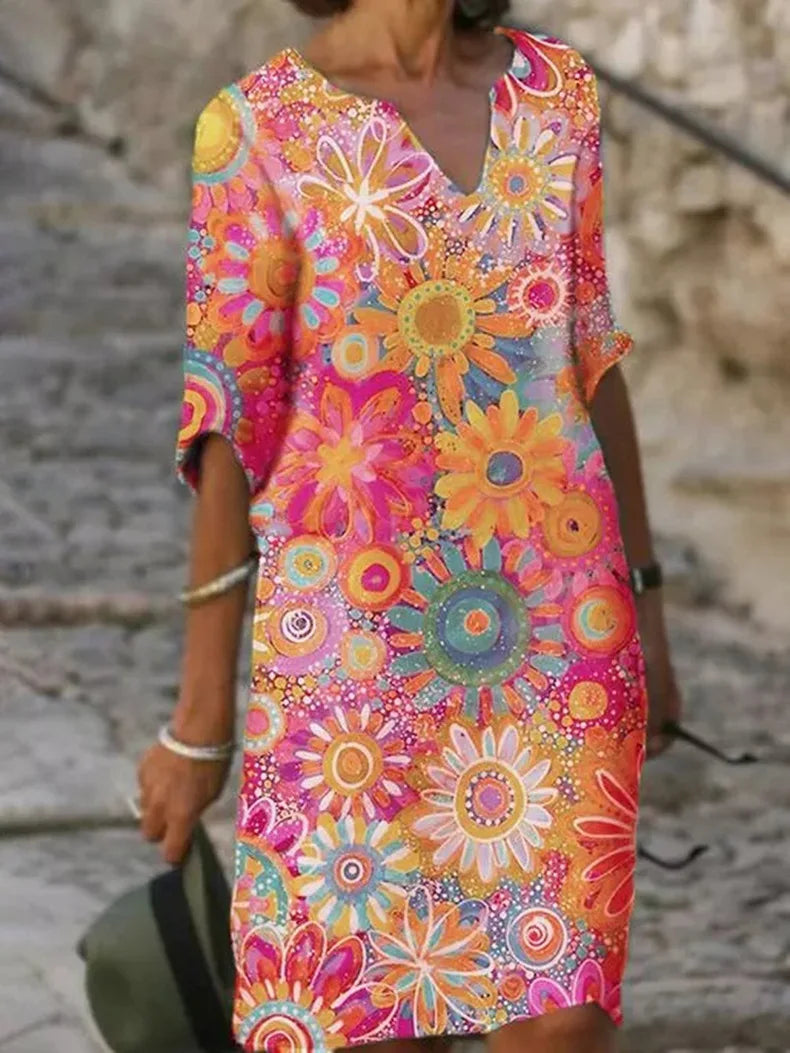 Floral V-Neck Short Sleeve Midi Dress