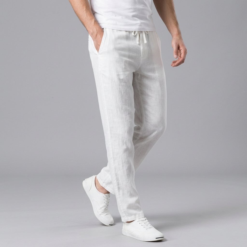 Men Straight Leg Linen Trousers With Elastic Waist