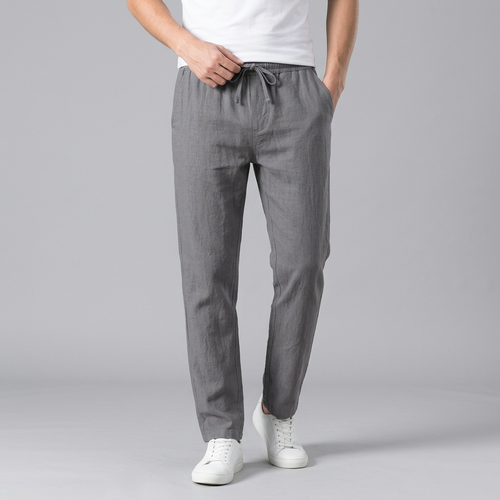 Men Straight Leg Linen Trousers With Elastic Waist