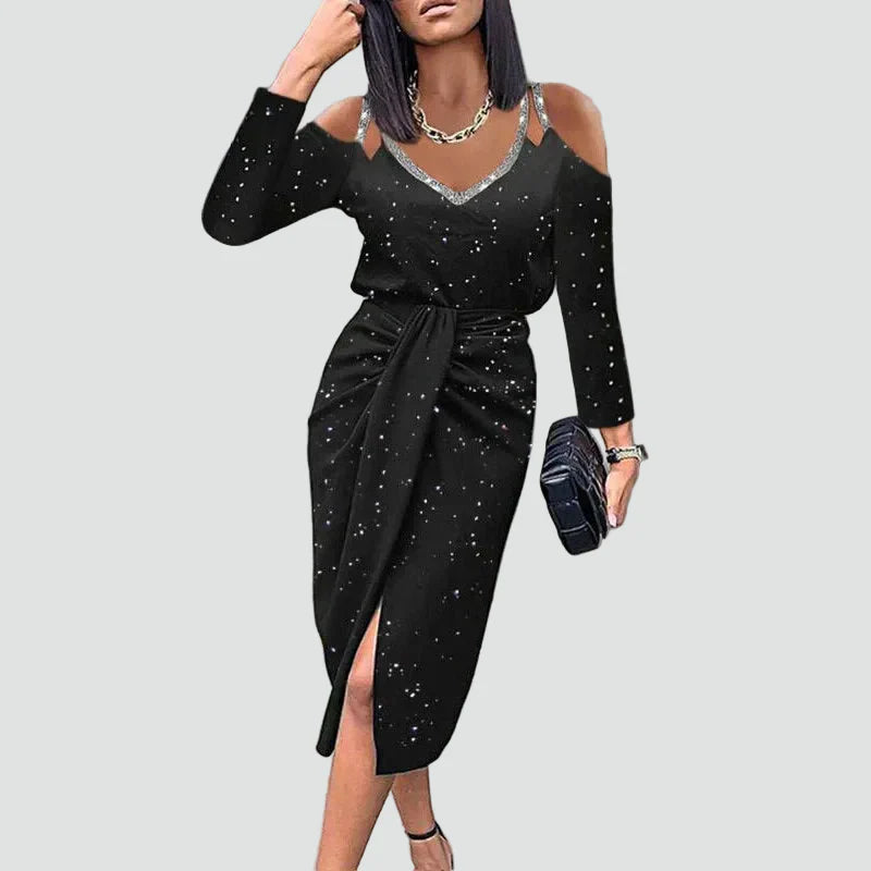 Midi Cocktail Dress With V-Neck and Lace Sleeves