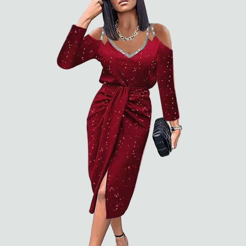 Midi Cocktail Dress With V-Neck and Lace Sleeves