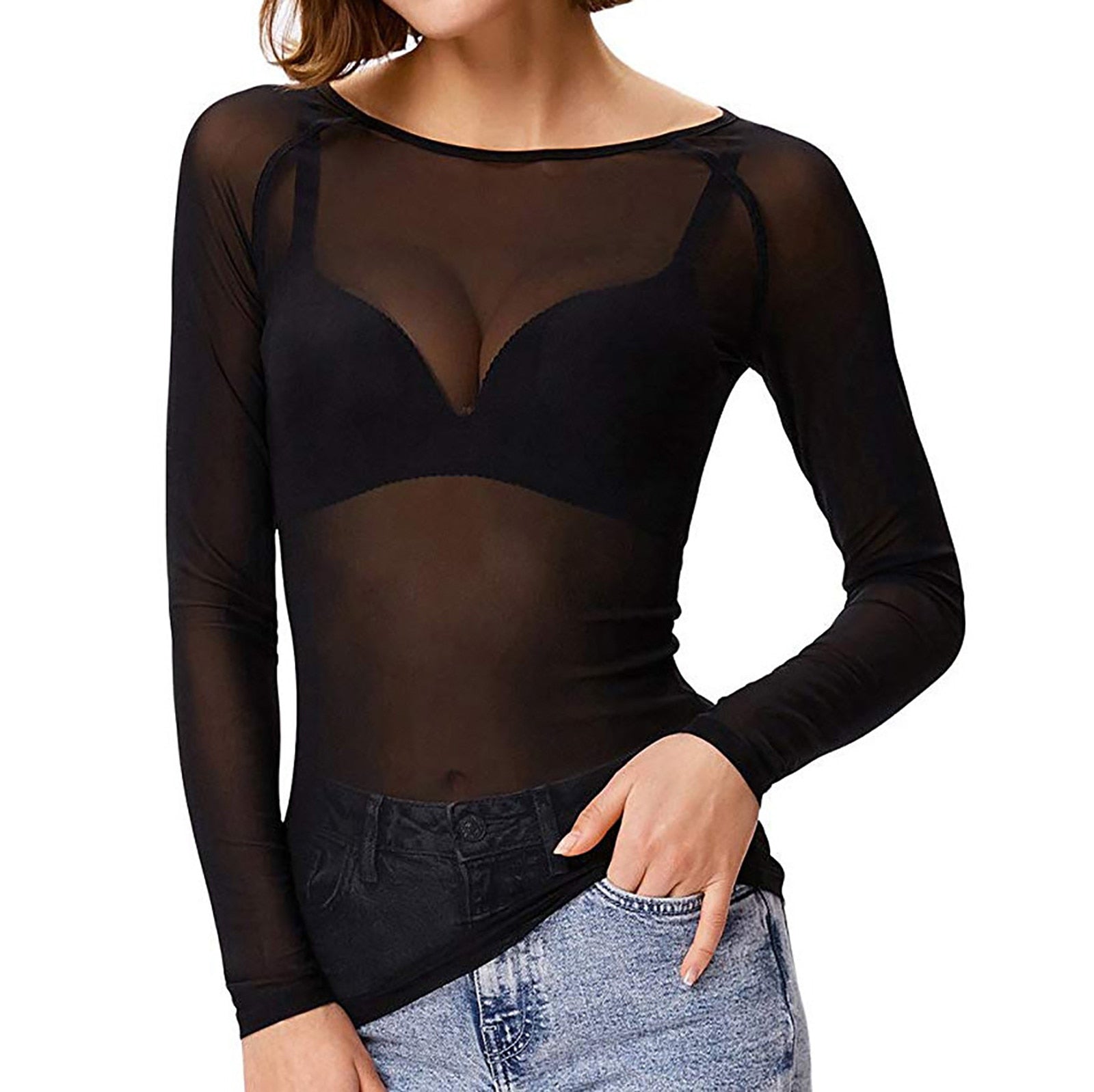 Long Sleeve Mesh Evening Top With Sheer Detail