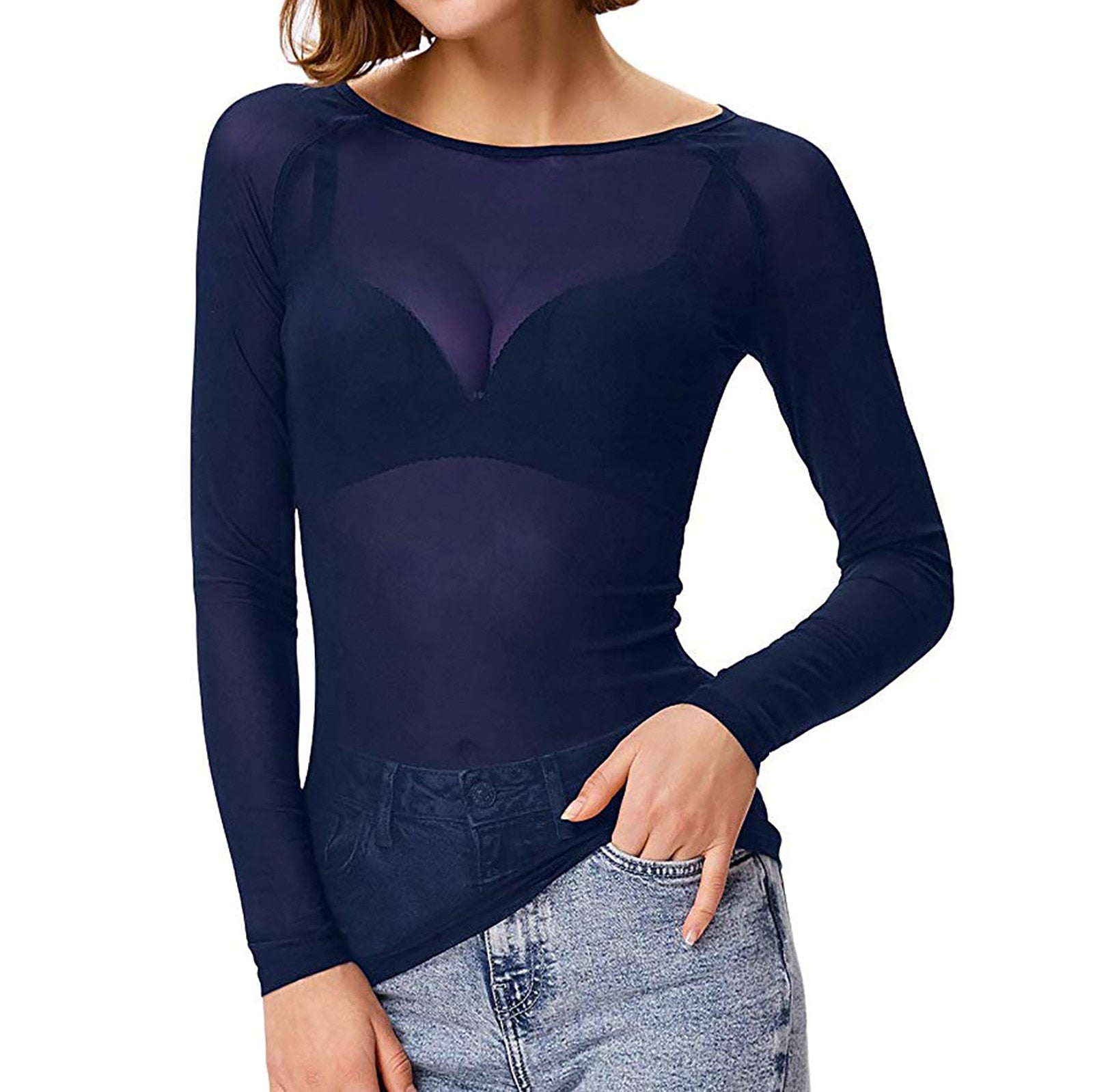 Long Sleeve Mesh Evening Top With Sheer Detail