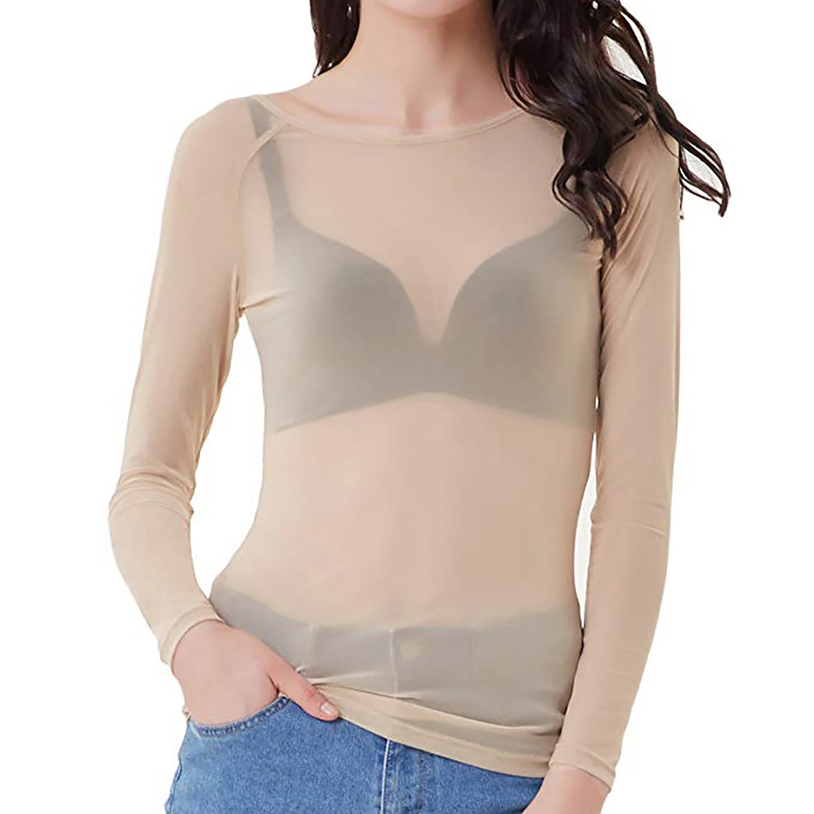 Long Sleeve Mesh Evening Top With Sheer Detail