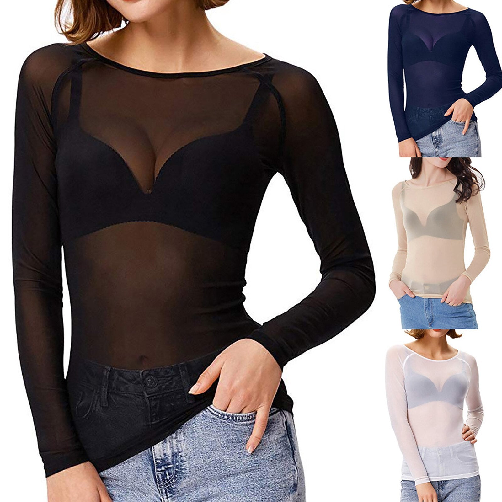 Long Sleeve Mesh Evening Top With Sheer Detail