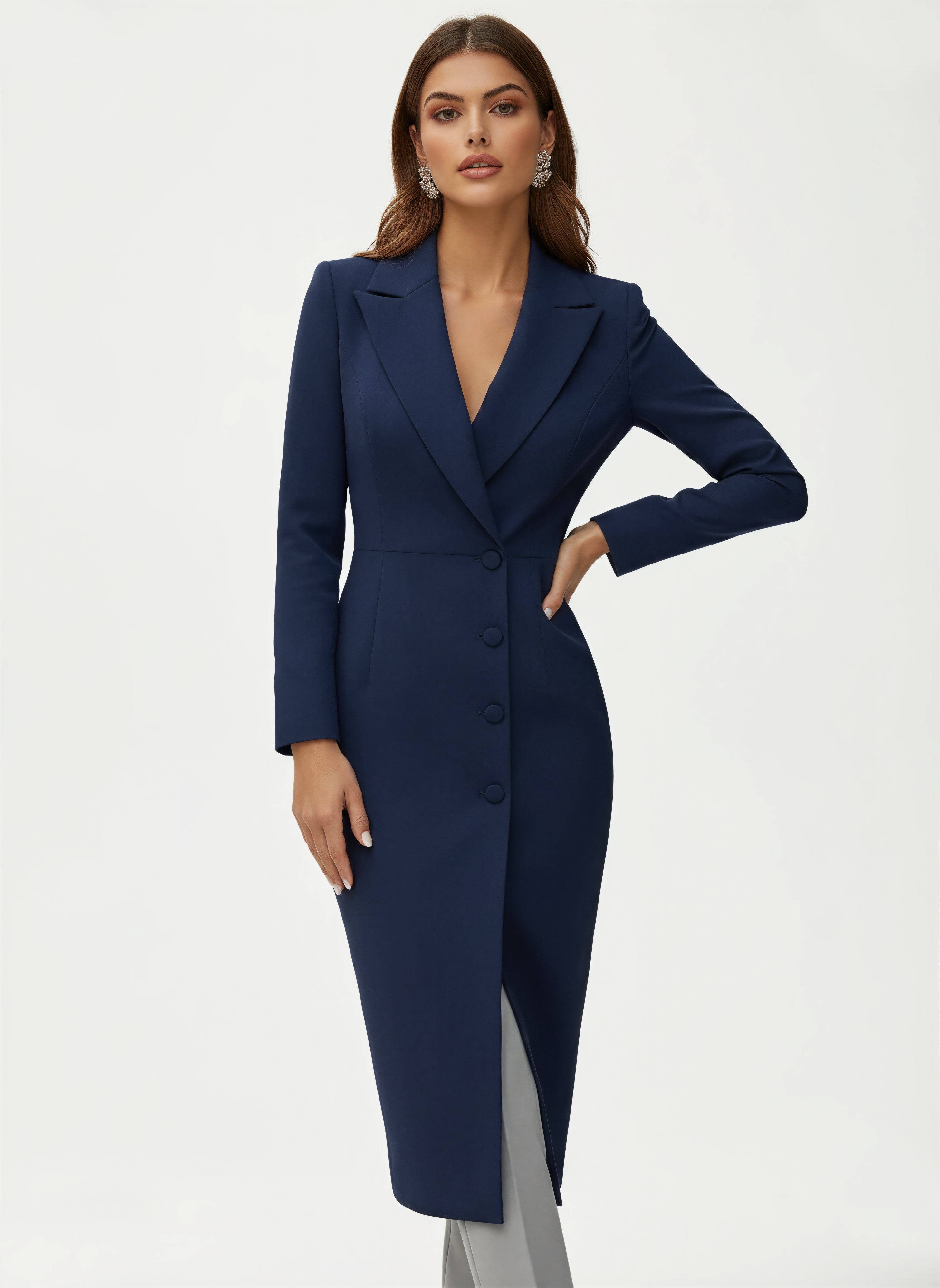 Knee-Length Tailored Midi Dress with Notched Collar
