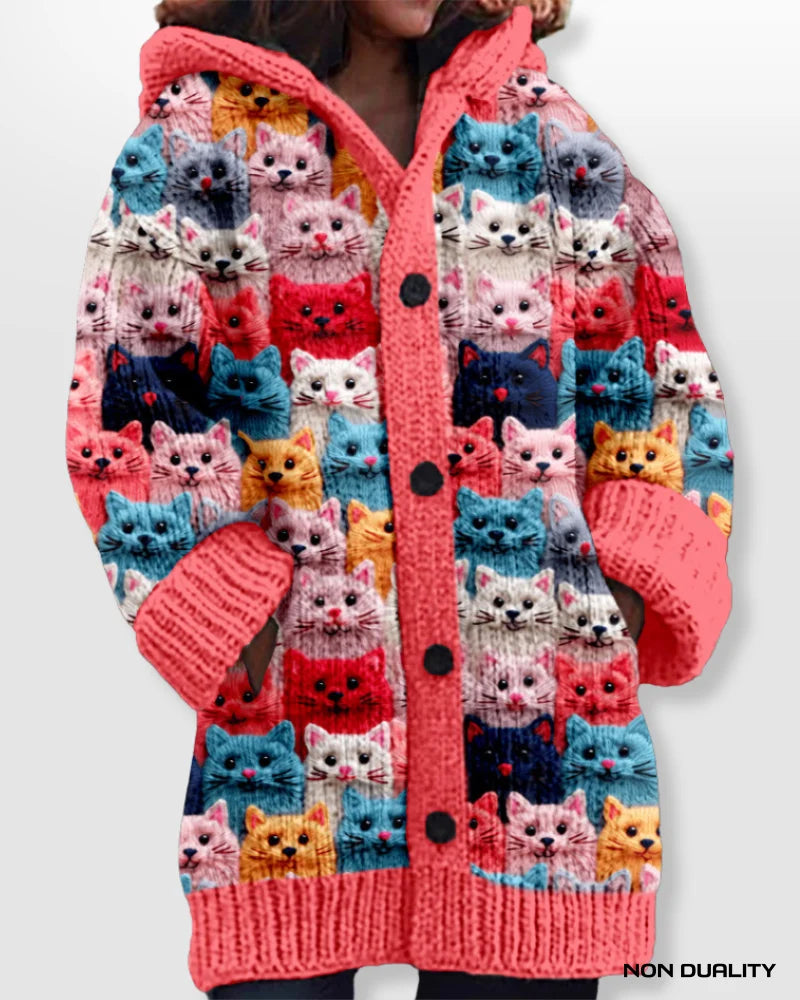 Oversized Cat Pattern Knit Cardigan