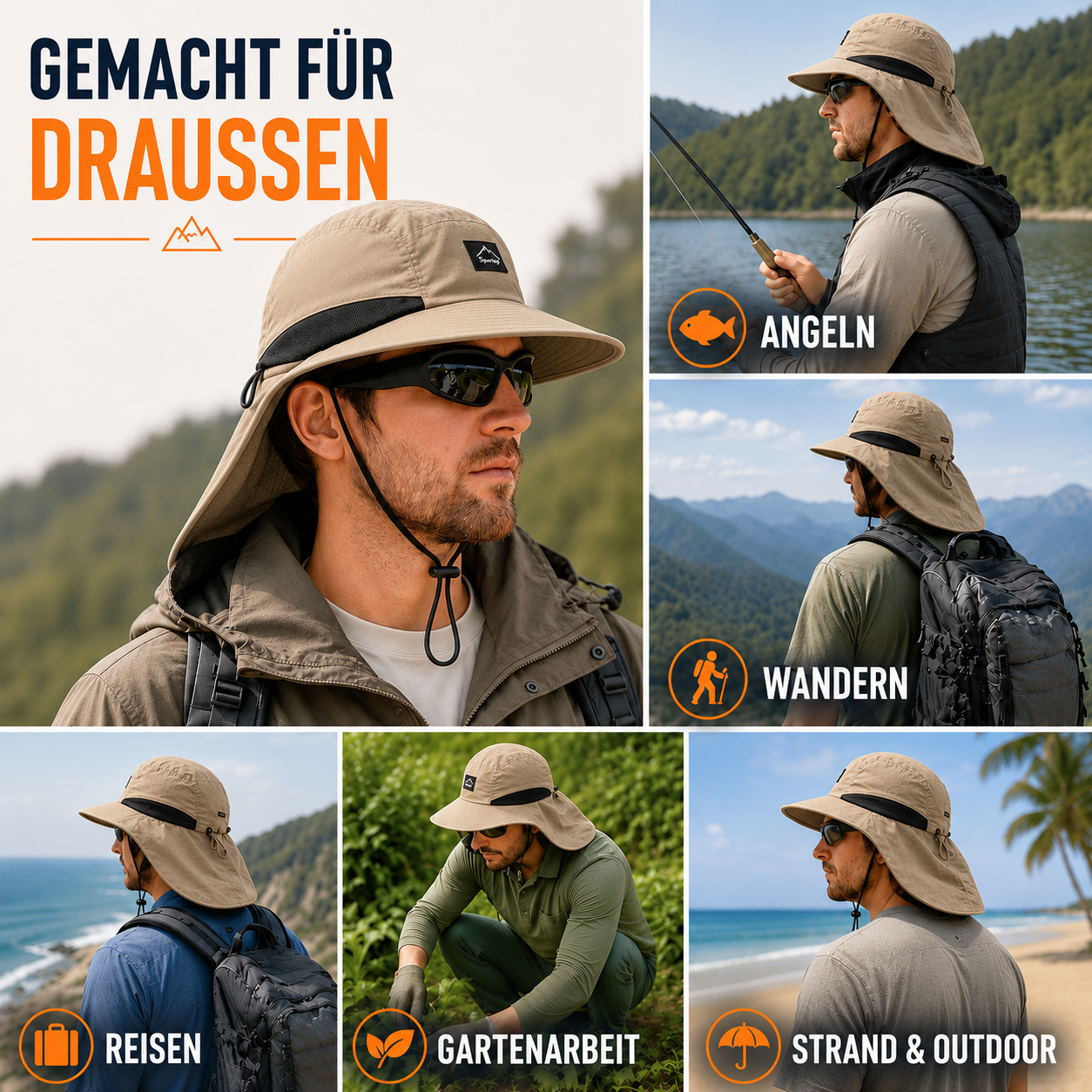 Wide Brim Sun Hat with Neck Flap and UV Protection