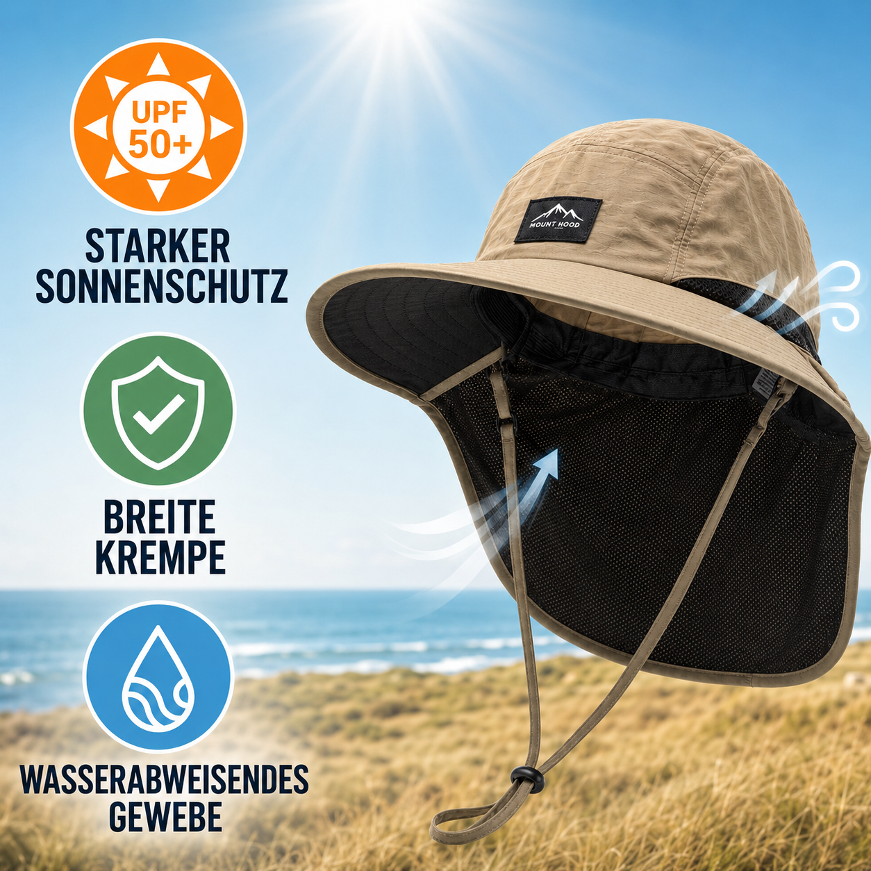 Wide Brim Sun Hat with Neck Flap and UV Protection