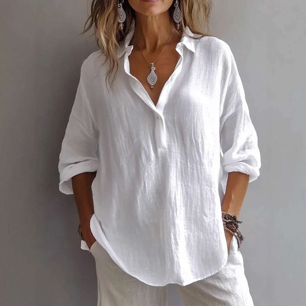 Women's Casual Linen Shirt with Button Placket and Wide Sleeves