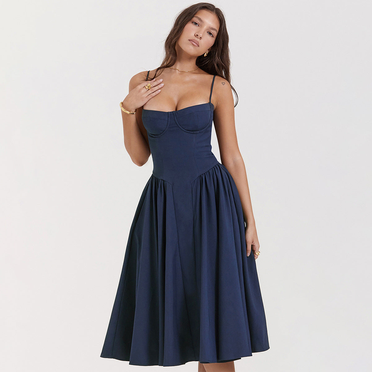 Corset Midi Dress with Fitted Bodice and Adjustable Straps