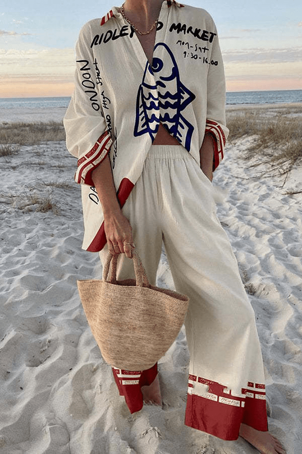 Graphic Print Button-Front Shirt and Trousers Set