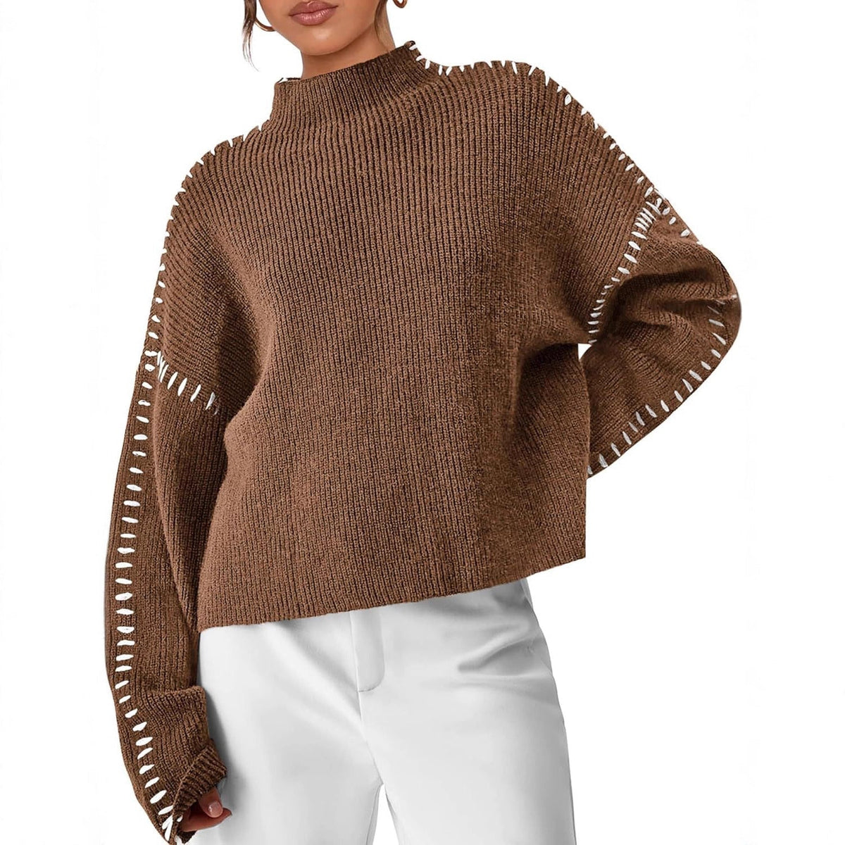 Oversized Mock Neck Sweater with Whipstitch Trim