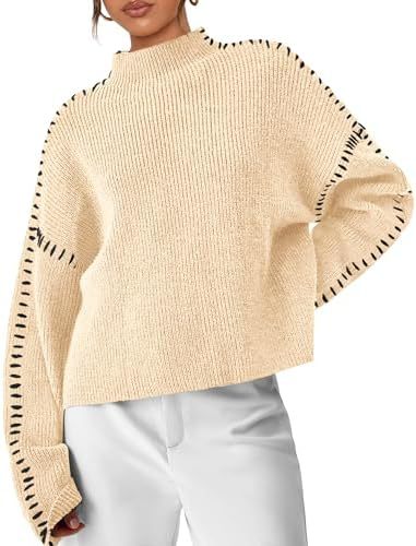 Oversized Mock Neck Sweater with Whipstitch Trim