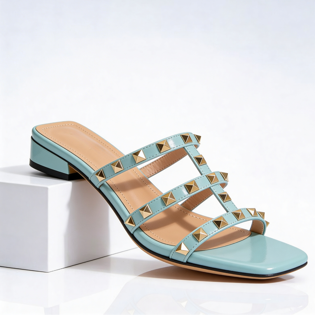 Studded Square Toe Mule Sandals with Low Block Heel