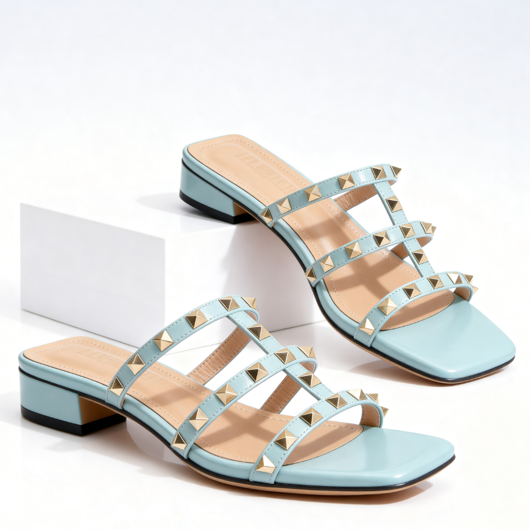 Studded Square Toe Mule Sandals with Low Block Heel