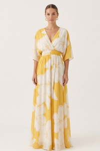 Floral Maxi Dress – V-Neck – Flutter Sleeves – Flowing Print