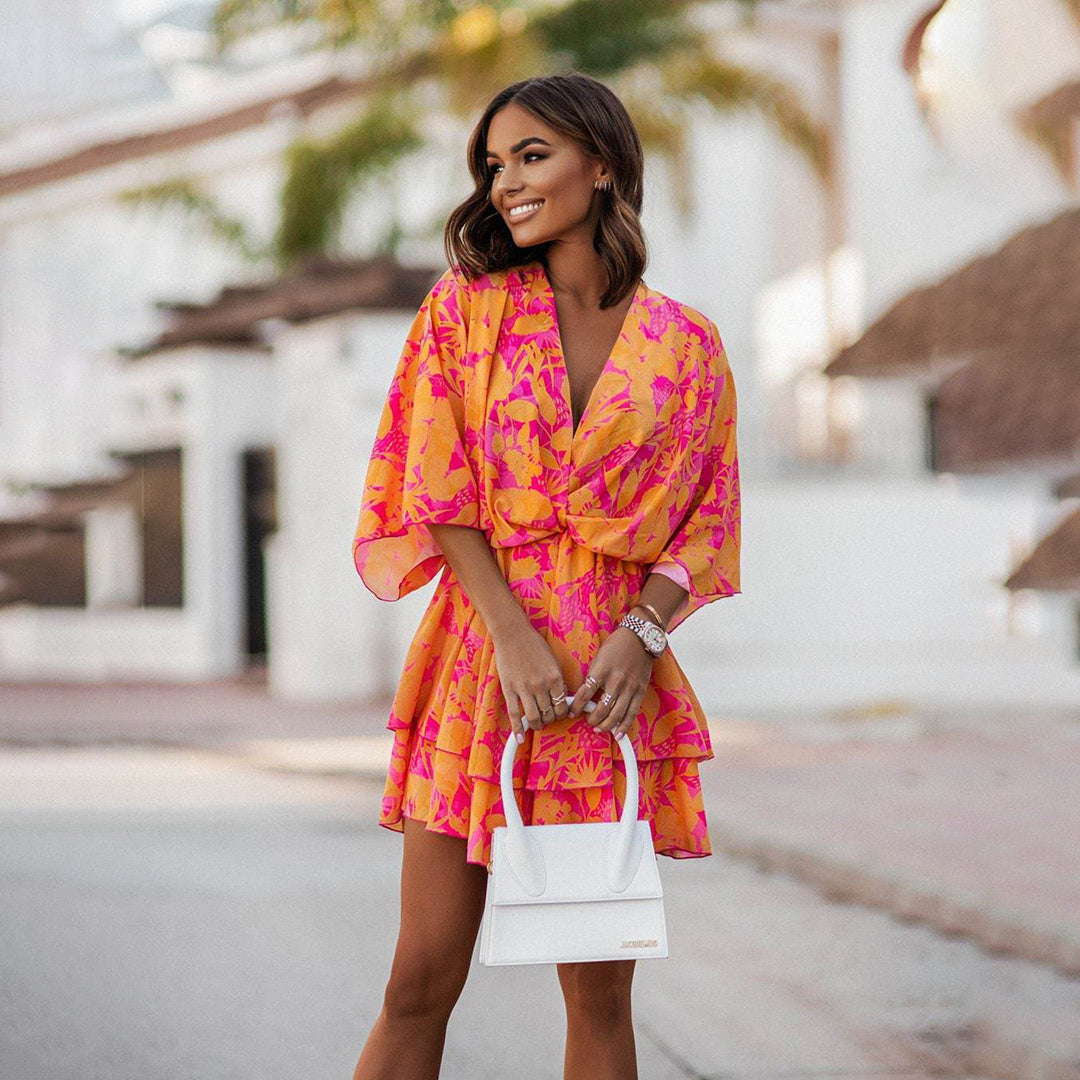 V-Neck Floral Print Mini Dress with Short Sleeves