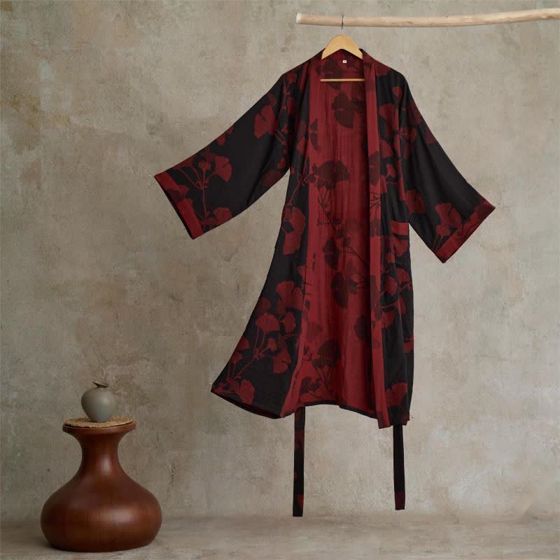 Reversible Cotton Kimono Robe With Ginkgo Print