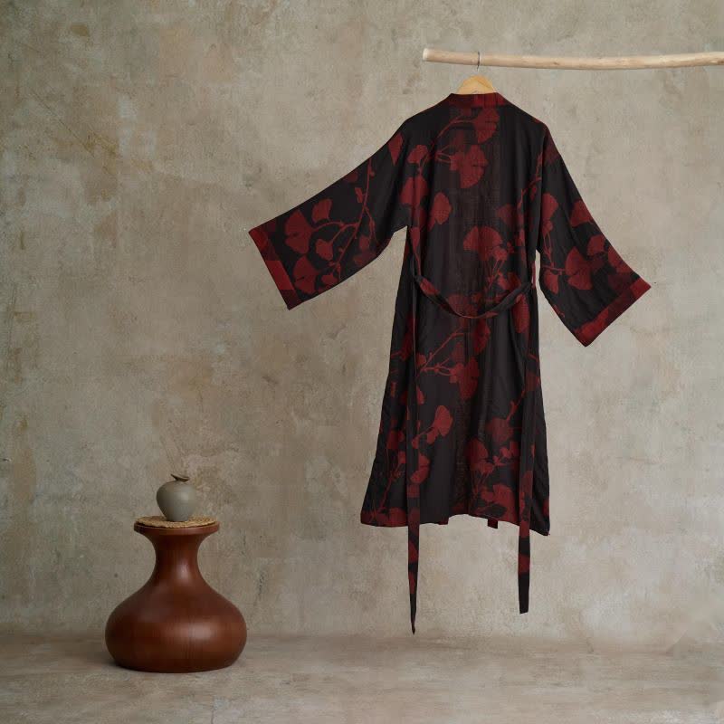 Reversible Cotton Kimono Robe With Ginkgo Print