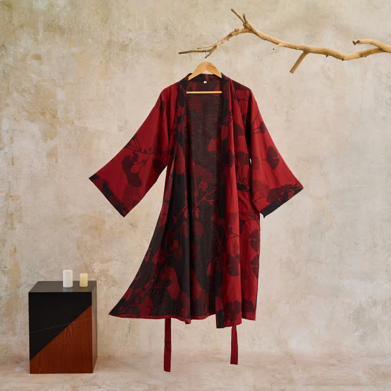 Reversible Cotton Kimono Robe With Ginkgo Print