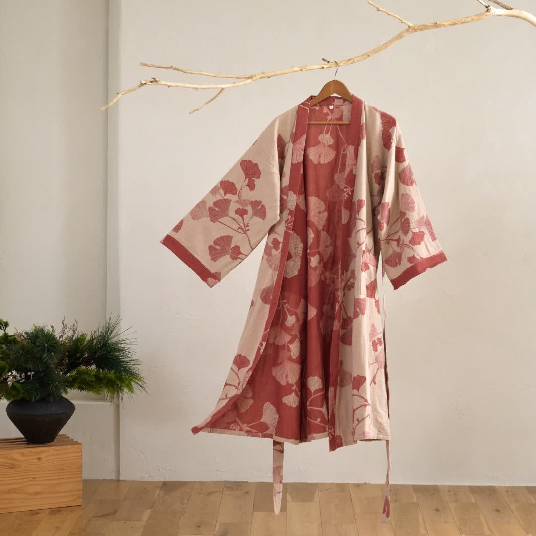 Reversible Cotton Kimono Robe With Ginkgo Print
