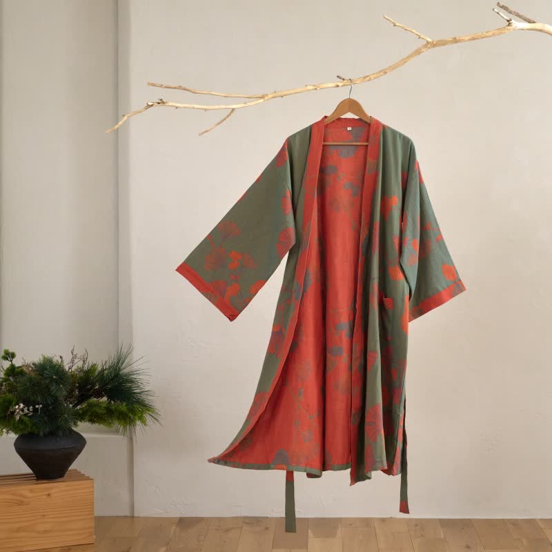 Reversible Cotton Kimono Robe With Ginkgo Print