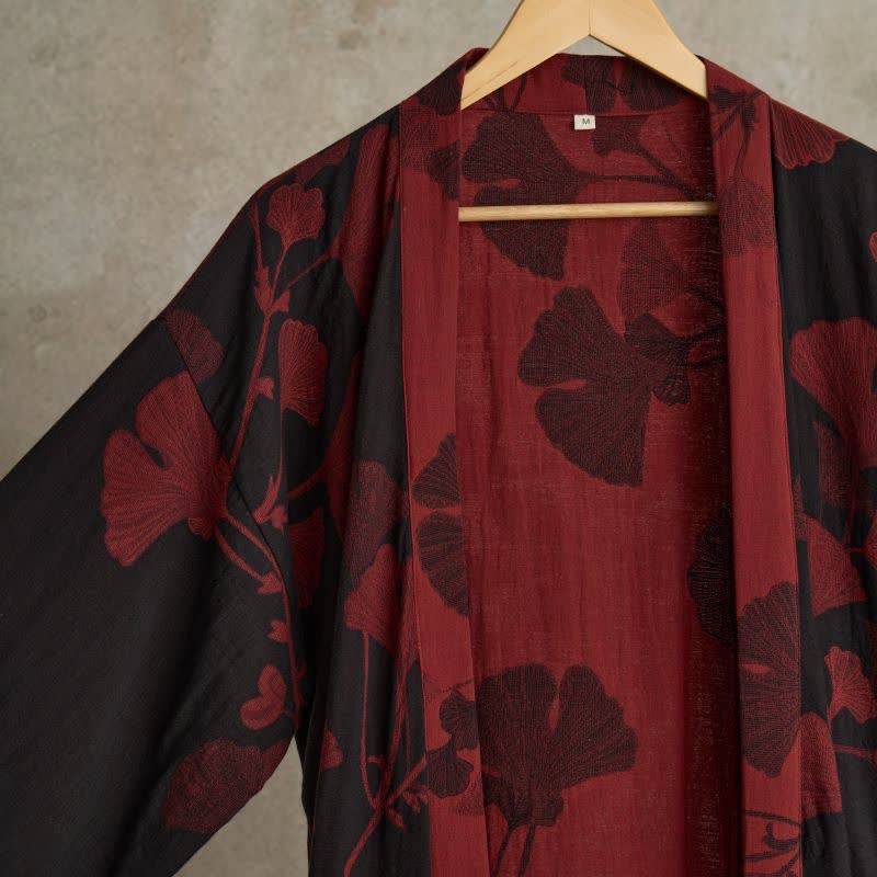 Reversible Cotton Kimono Robe With Ginkgo Print