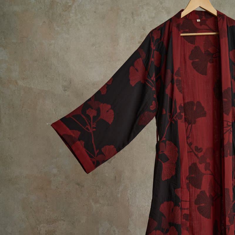 Reversible Cotton Kimono Robe With Ginkgo Print
