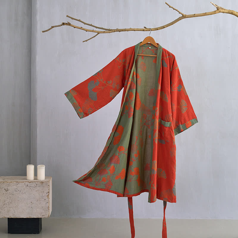 Reversible Cotton Kimono Robe With Ginkgo Print