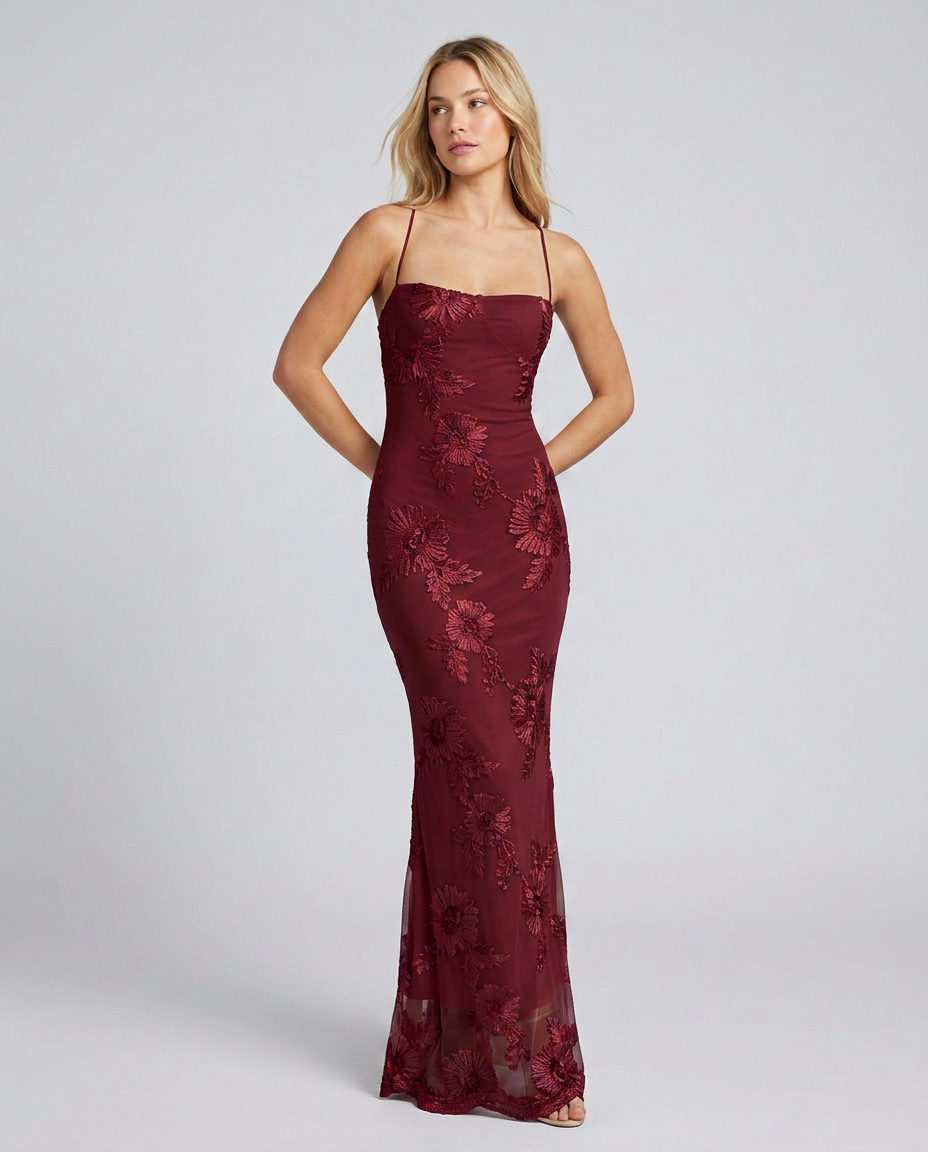 Floral Appliqué Lace-Up Back Maxi Dress