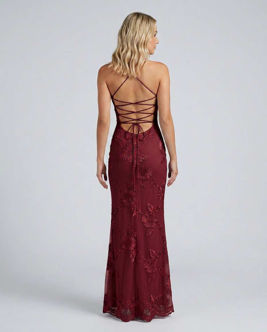 Floral Appliqué Lace-Up Back Maxi Dress