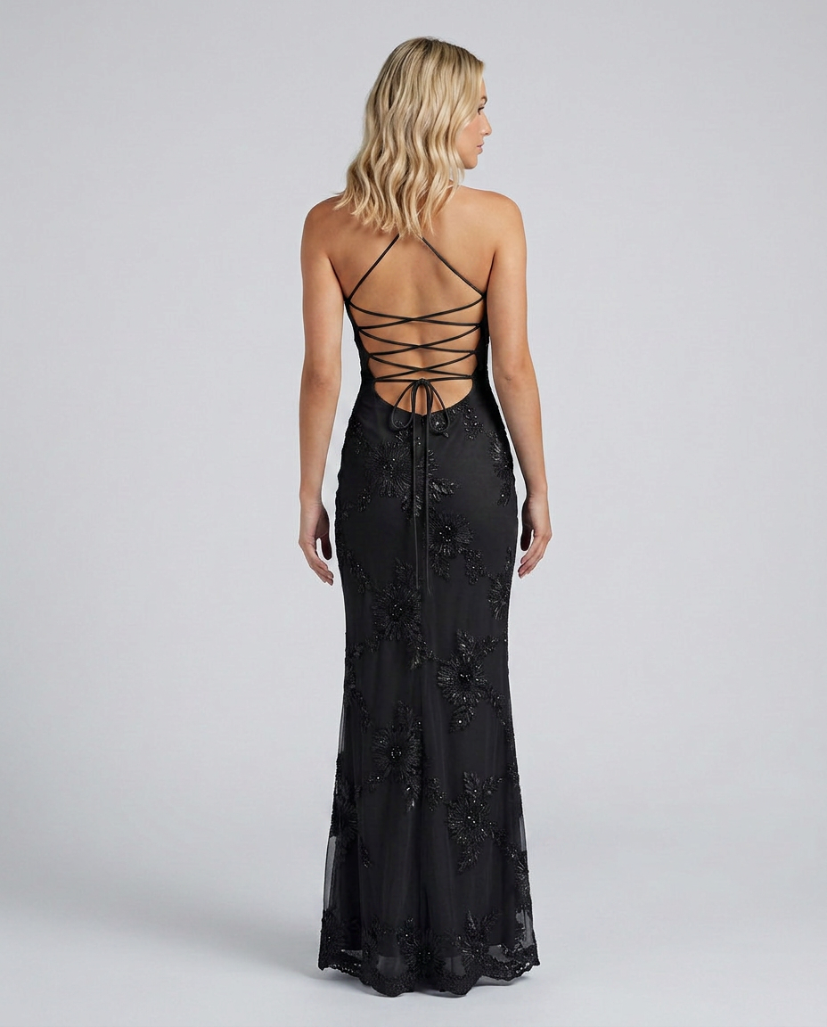Floral Appliqué Lace-Up Back Maxi Dress