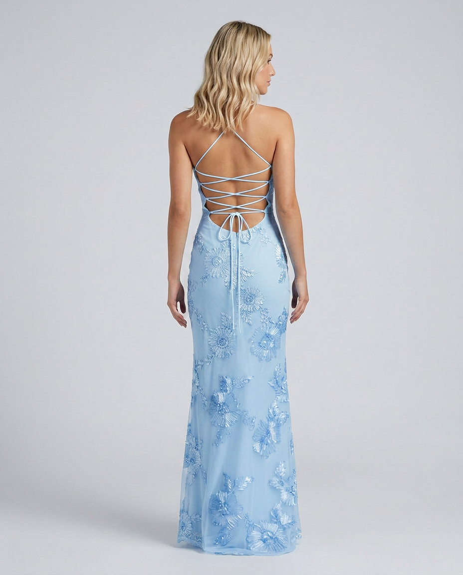 Floral Appliqué Lace-Up Back Maxi Dress
