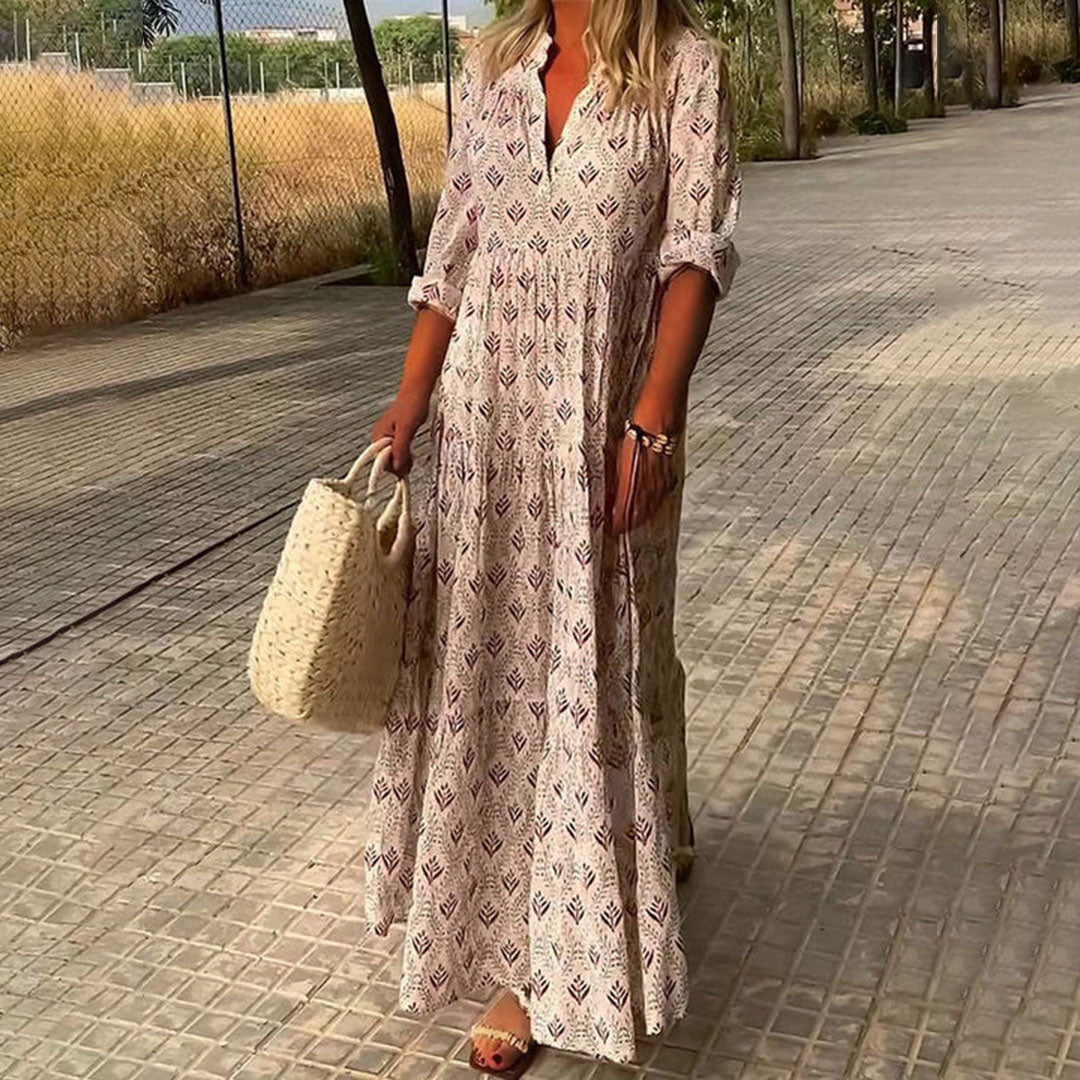 Boho Print V-Neck Maxi Dress With Roll-Up Sleeves