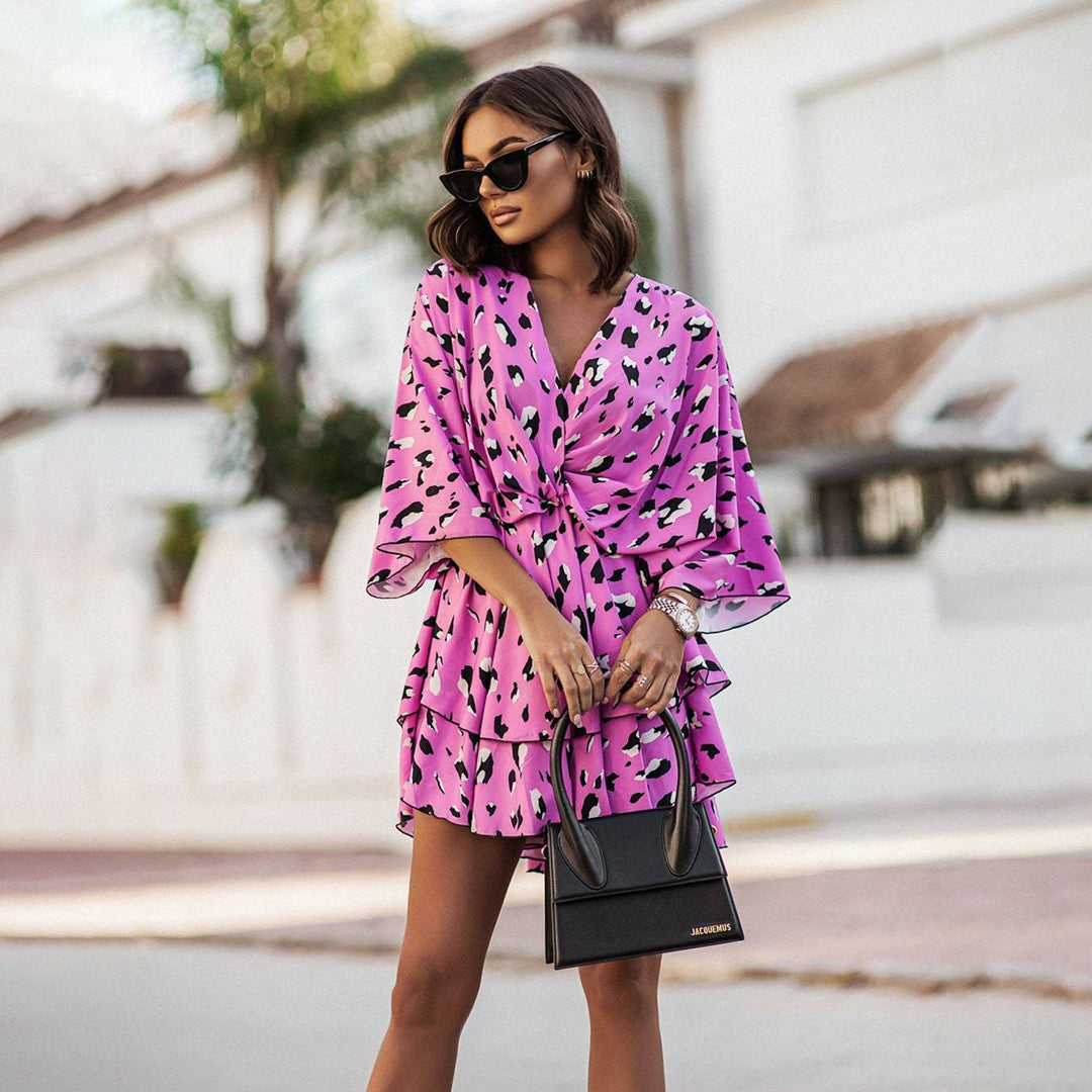 V-Neck Floral Print Mini Dress with Short Sleeves