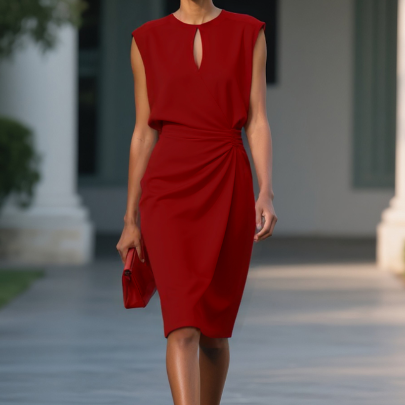 Flowy V-Neck Midi Dress With Gathered Waist