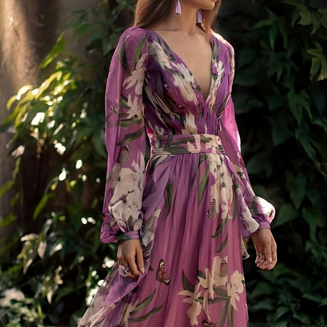 Floral V-Neck Long Sleeve Maxi Dress