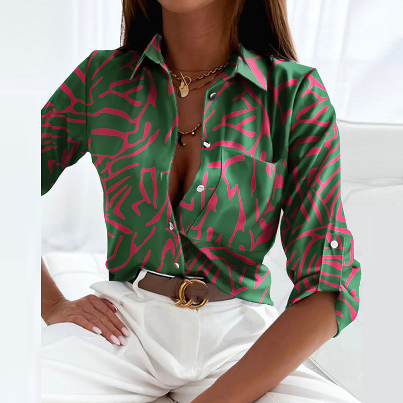 Women's Graphic Print Satin Blouse With Lapel Collar