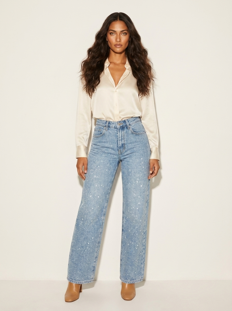 High-Waisted Straight Leg Sequin Detail Jeans