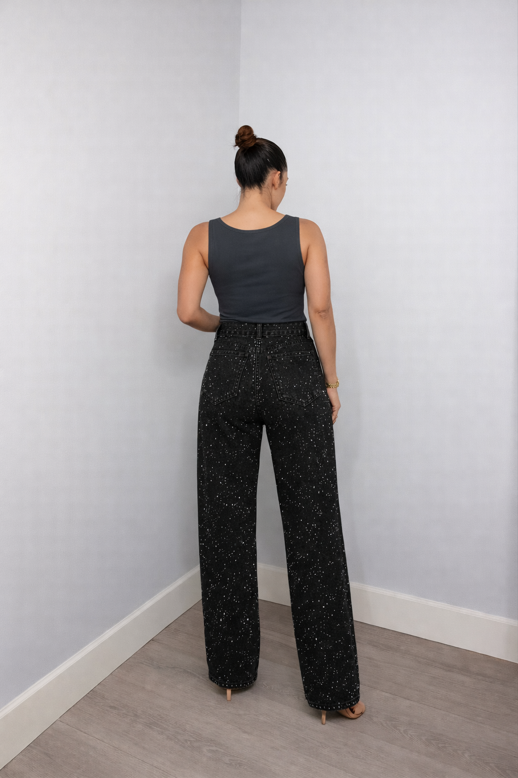 High-Waisted Straight Leg Sequin Detail Jeans