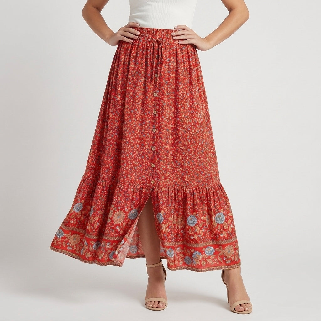 Tiered Boho Floral Maxi Skirt with Ruffle Hem
