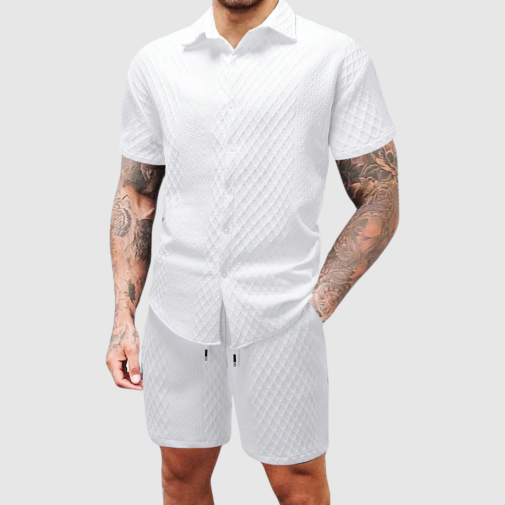 Men's Waffle Knit Short Set – Short Sleeve Shirt – Matching Shorts