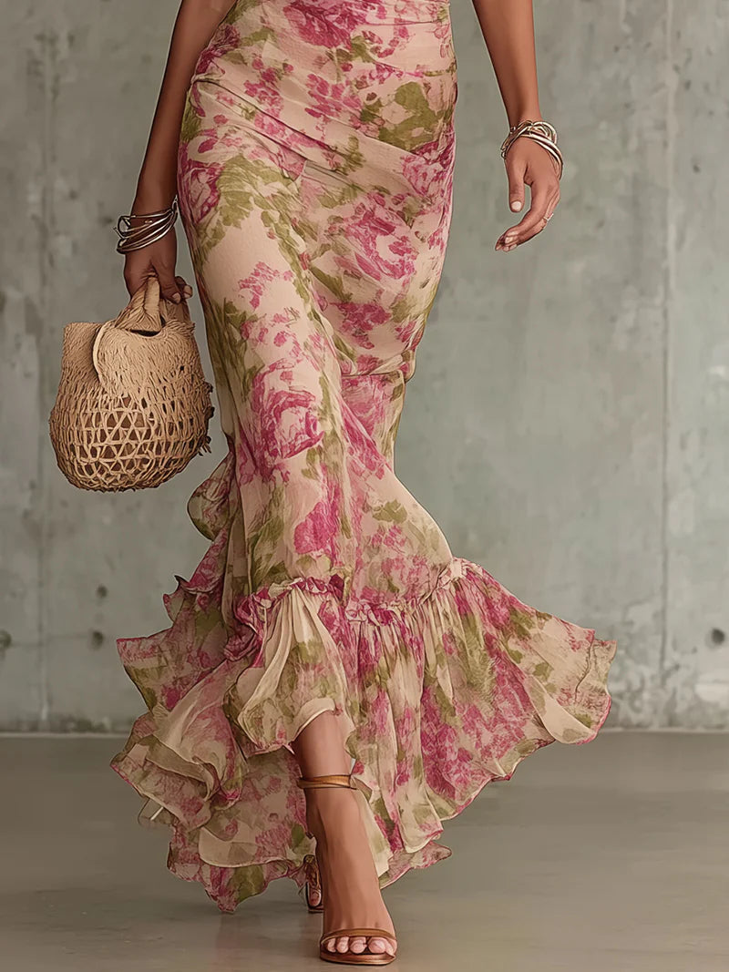 Women's Vintage Rose Print Puff Sleeve Maxi Dress