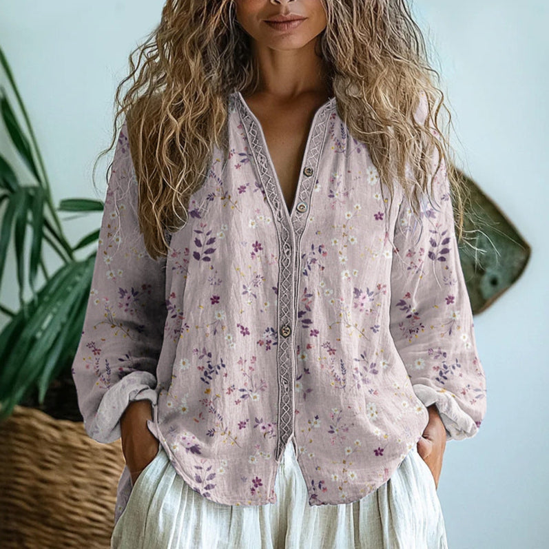 Printed V-Neck Long Sleeve Relaxed Fit Blouse